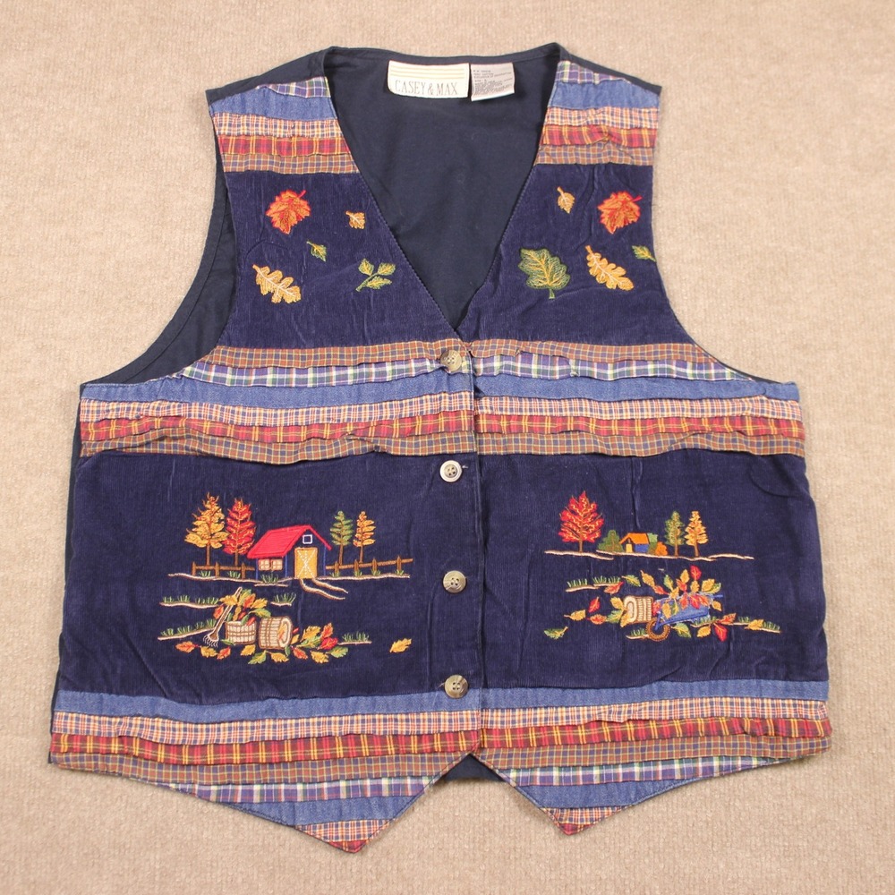 Casey & Max Vintage Navy Corduroy Fall Harvest Embroidered Patchwork Vest Large